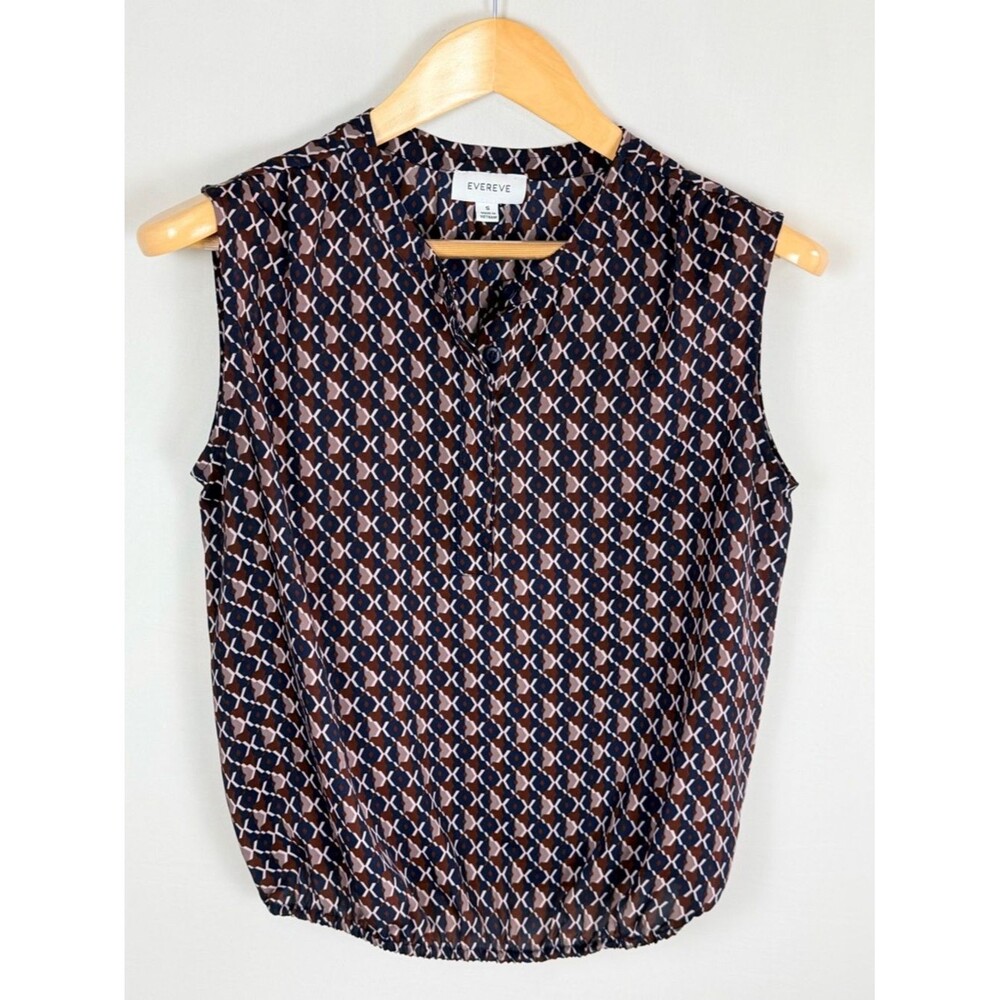 Evereve Small Blue Brown Geometric Print Blouse Sleeveless Tank Button Front